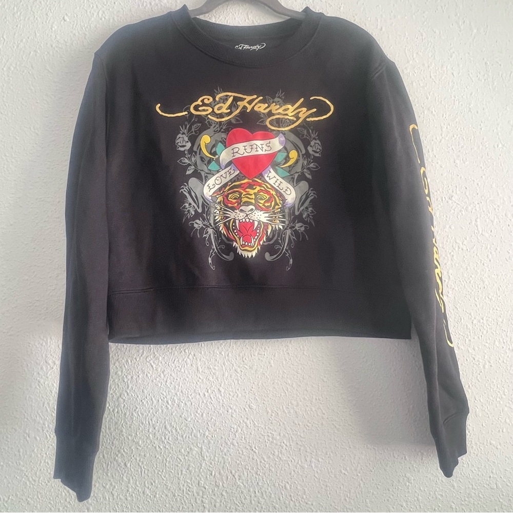 Ed Hardy Tiger Love Runs Wild Black Crop Pullover EUC Sweatshirt Size L
